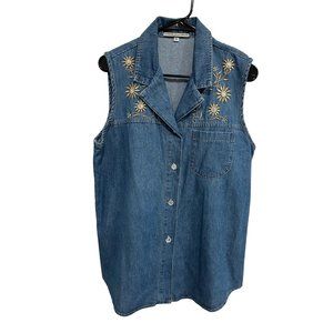 Howard Wolf Sport Denim Sleeveless Button-Up Shirt With Floral Embroidery Made I